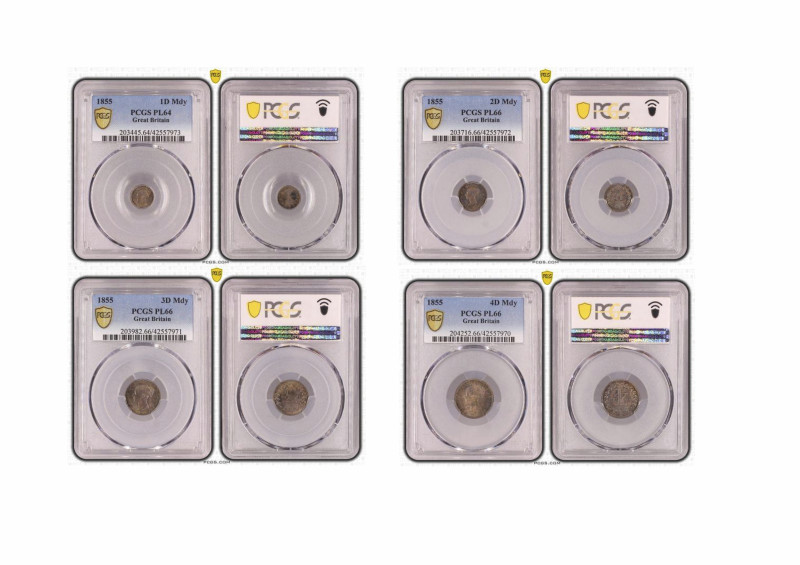 Victoria 1837-1901
Maundy set ( 1-2-3-4 D), 1855
PCGS PL 64 - PL 66 - PL 66 - PL...