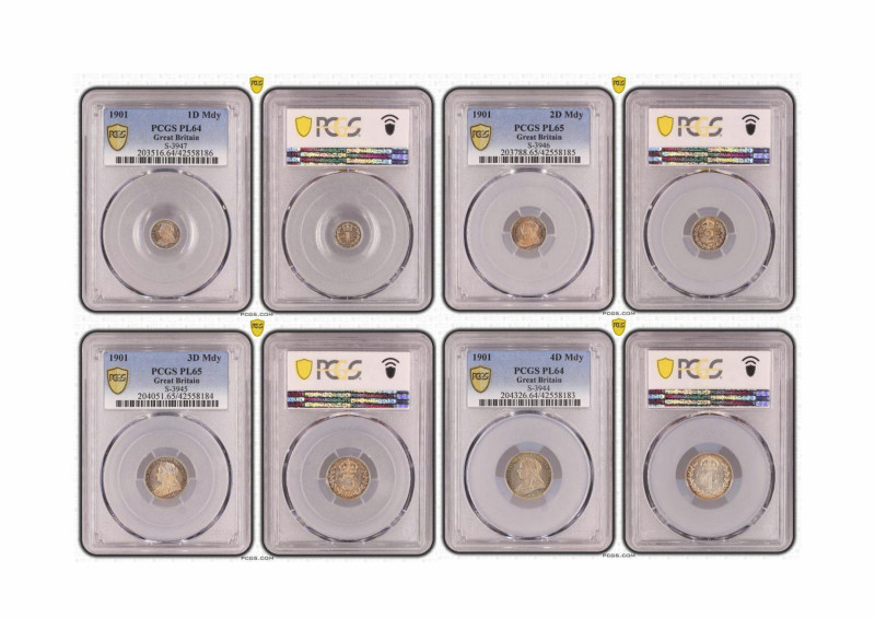 Victoria 1837-1901
Maundy set ( 1-2-3-4 D), 1901
S. 3947, 3946, 3945, 3944
PCGS ...