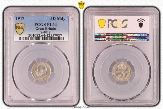 George V 1910–1936
3 Pence, 1917
S. 4018
PCGS PL 64 PROOFLIKE