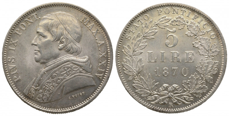 Italie, Pius IX. (1846 - 1878), 5 Lire 1870 R, AG 25,05 g., 37,6 mm, FDC