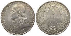 Italie, Pius IX. (1846 - 1878), 5 Lire 1870 R, AG 25,05 g., 37,6 mm, FDC