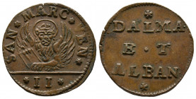 Italie, Venise, DALMATIA AND ALBANIA, 1691-1709, Gazzetta, 2 Soldi, AE 6,87 g., 28,9 mm TTB