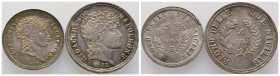 Italie, Gioacchino Murat 1808-1815 Naples, 1813, 1 Lira, AG 4,98 g., 23 mm, et 2 lire, AG 9,81 g., 27 mm., SUP