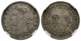 Malaysie, STRAITS SETTLEMENTS, Victoria 1837-1901 20 Cents, Victoria 1877, NGC AU 53