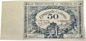 Principauté de Monaco, Billet de 50 Centimes, 1920, Réf. ouvrage : P.03a FDC