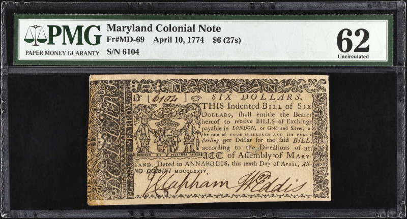 MD-69. Maryland. April 10, 1774. $6. PMG Uncirculated 62.
No. 6104. Seldom offe...