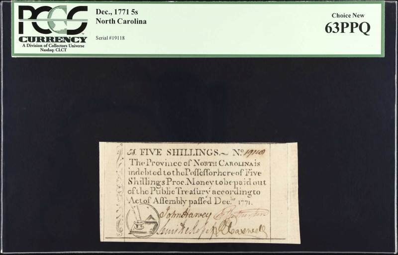 NC-137. North Carolina. December, 1771. 5 Shillings. PCGS Currency Choice New 63...