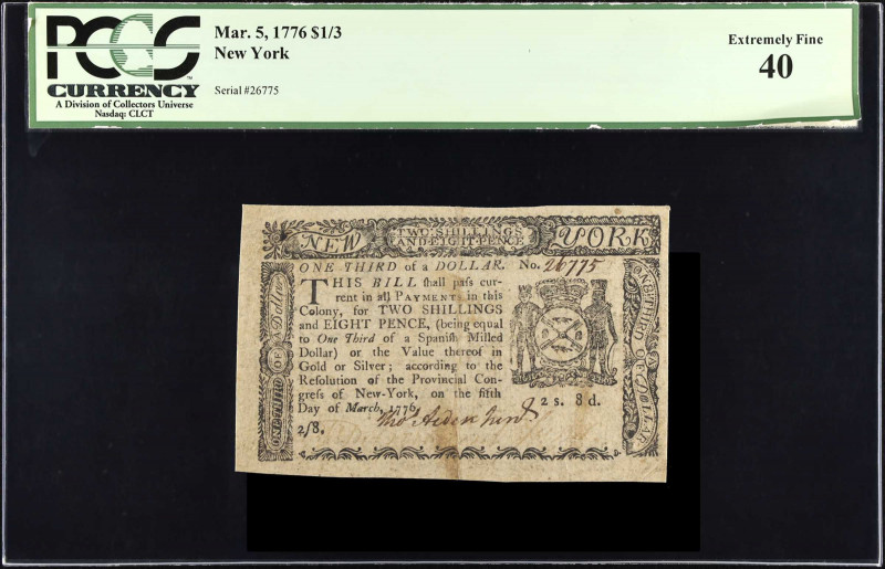 NY-188. New York. March 5, 1776. $1/3. PCGS Currency Extremely Fine 40.
No. 267...