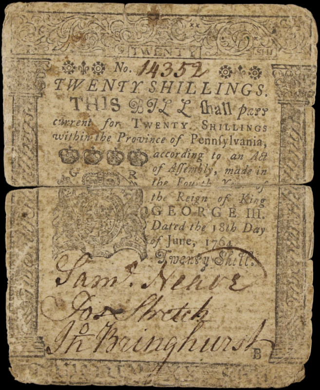PA-126. Pennsylvania. 1764. 20 Shillings. Very Good.
Typical damage for the ass...
