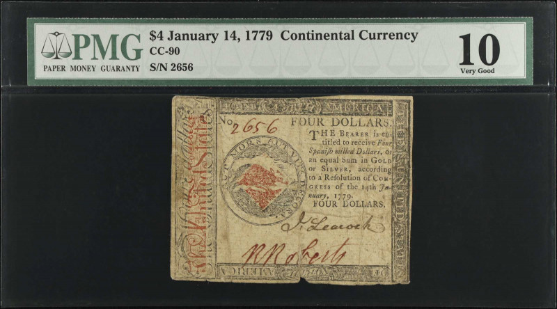 CC-90. Continental Currency. January 14, 1779. $4. PMG Very Good 10.
No. 2656. ...