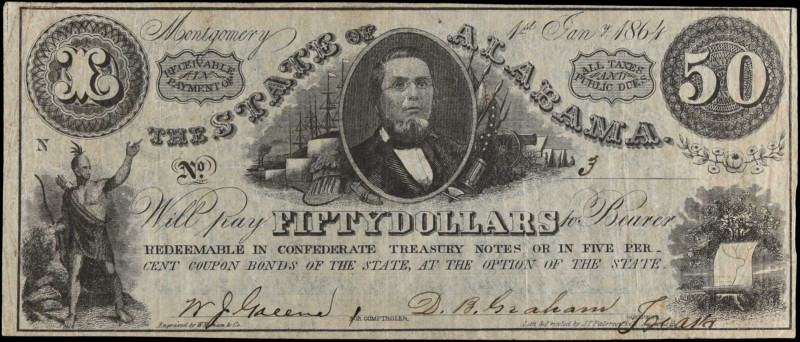 Montgomery, Alabama. State of Alabama. 1864 $50. Fine.
No. 3.
 Estimate: $60.0...