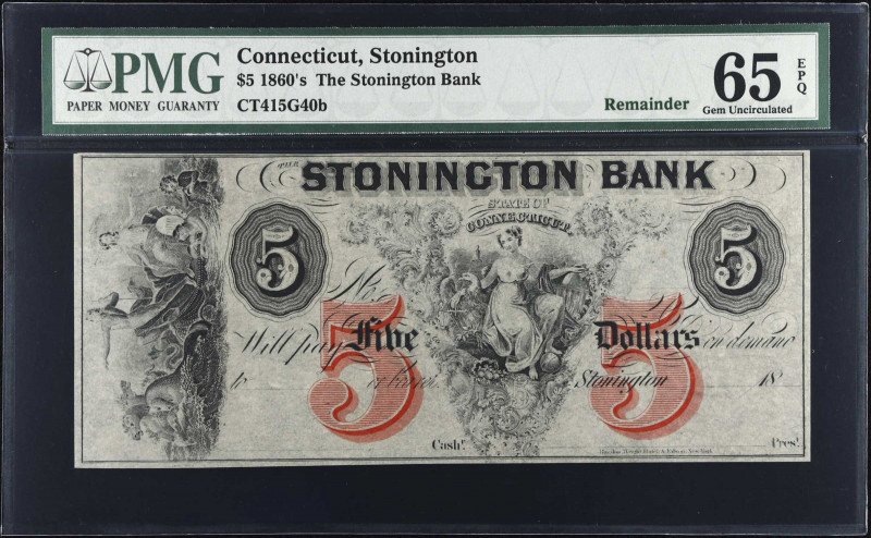 Stonington, Connecticut. The Stonington Bank. 1860s. $5. PMG Gem Uncirculated 65...