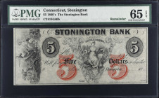 Stonington, Connecticut. The Stonington Bank. 1860s. $5. PMG Gem Uncirculated 65 EPQ. Remainder.
(CT415G40b).
 Estimate: $100.00- $150.00