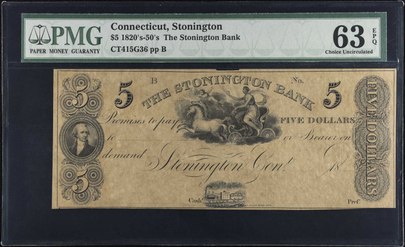 Stonington, Connecticut. The Stonington Bank. 1820's-50's. $5. PMG Choice Uncirc...