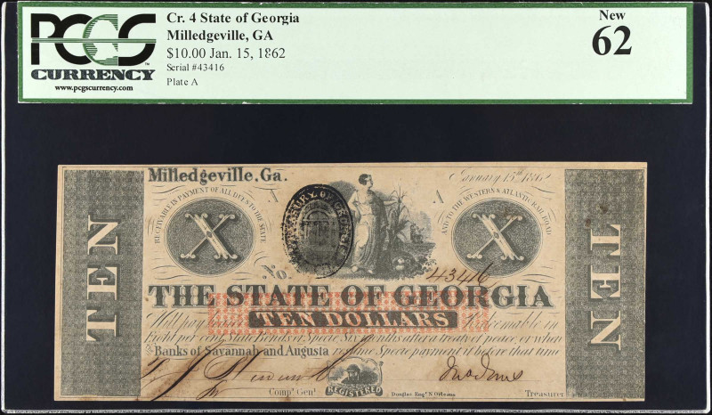 Milledgeville, Georgia. The State of Georgia. Jan. 15, 1862. $10. PCGS Currency ...