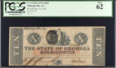 Milledgeville, Georgia. The State of Georgia. Jan. 15, 1862. $10. PCGS Currency New 62.
No. 43416, Plate A.
 Estimate: $75.00- $125.00