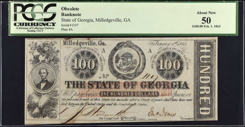 Milledgeville, Georgia. The State of Georgia. February 1, 1863. $100. PCGS Curre...