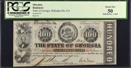 Milledgeville, Georgia. The State of Georgia. February 1, 1863. $100. PCGS Currency About New 50.
No. 1107, Plate A. The PCGS Currency label has sepa...