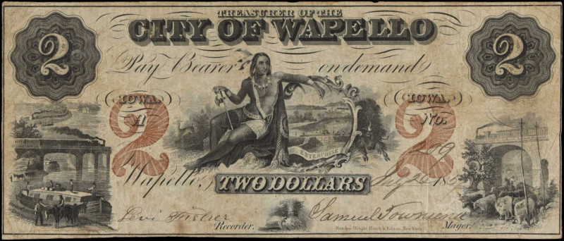 Wapello, Iowa. City of Wapello. 1857 $2. Fine.
Pinholes. Staining.
 Estimate: ...