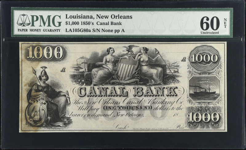 New Orleans, Louisiana. Canal Bank. 1850s. $1000. PMG Uncirculated 60 Net. Stain...