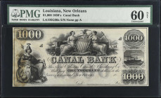 New Orleans, Louisiana. Canal Bank. 1850s. $1000. PMG Uncirculated 60 Net. Staining.
(LA105G80a). Plate A. PMG comments "Staining".
 Estimate: $200....