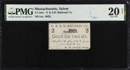 Salem, Massachusetts. S. & S.D. Railroad Company. ND (ca. 1862). 2 Cents. PMG Very Fine 20 Net. Repaired, Pieces Added.
PMG comments "Repaired, Piece...