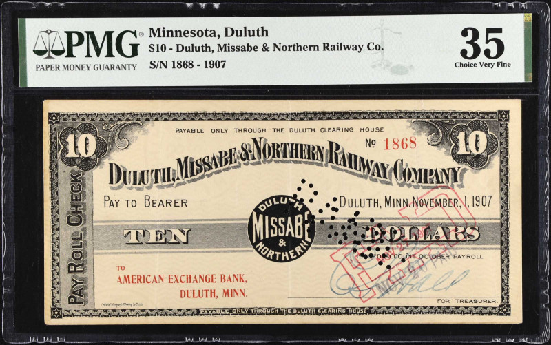 Duluth, Minnesota. Duluth, Missabe & Northern Railway Company. 1907. $10. PMG Ch...