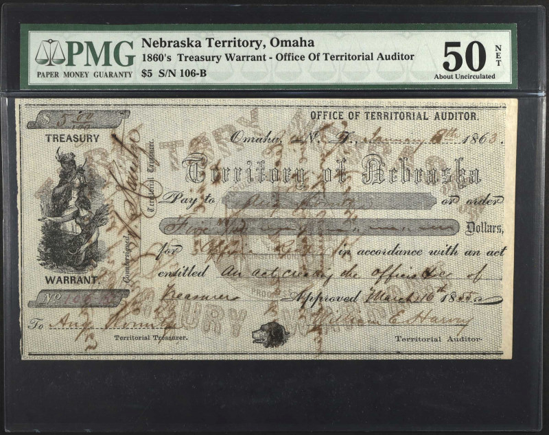 Omaha, Nebraska Territory. Treasury Warrant-Office of Territorial Auditor. 1860'...