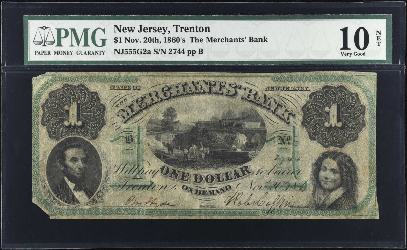 Trenton, New Jersey. The Merchants' Bank. 1860s. $1. PMG Very Good 10 Net. Corne...