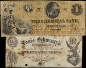 Lot of (2). New York, New York. Chemical Bank & Louis Schwartz's Restaurant. 1860's 25 Cents & $1. Very Good.
Issued are noticed on both notes, as ty...