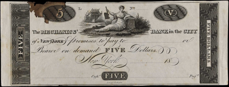 New York, New York. Mechanics Bank in the City of New York. 18xx $5. Extremely F...