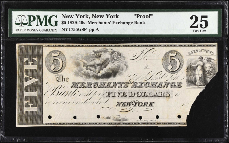 New York, New York. The Merchants' Exchange Bank. 1829-40s. $5. PMG Very Fine 25...
