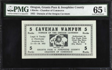 Grants Pass & Josephine County, Oregon. Chamber of Commerce. Domain of the Oregon Cavemen. 1952. 5 Rocks. PMG Gem Uncirculated 65 EPQ.
 Estimate: $50...