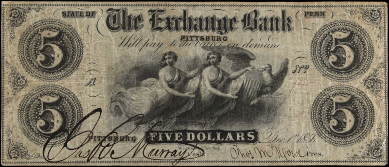 Pittsburgh, Pennsylvania. The Exchange Bank. 1856 $5. Fine.
Pinholes. Internal ...