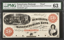 Pittsburgh, Pennsylvania. Merchants & Manufacturers Bank of Pittsburgh. 1850's $50. PMG Choice Uncirculated 63. Proof.
(PA-545 G34a Unlisted). Bald, ...