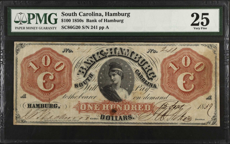 Hamburg, South Carolina. Bank of Hamburg. 1850's. $100. PMG Very Fine 25.
(SC86...