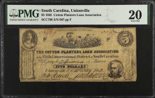 Unionville, South Carolina. Cotton Planters Loan Association. 1862 $5. PMG Very Fine 20.
(SCC780). No. 967, Plate F. Scarce.
 Estimate: $300.00- $50...