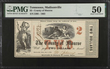 Madisonville, Tennessee. County of Monroe. 1863 $2. PMG About Uncirculated 50.
No. 2393. PMG comments "Small Tear."
 Estimate: $150.00- $250.00