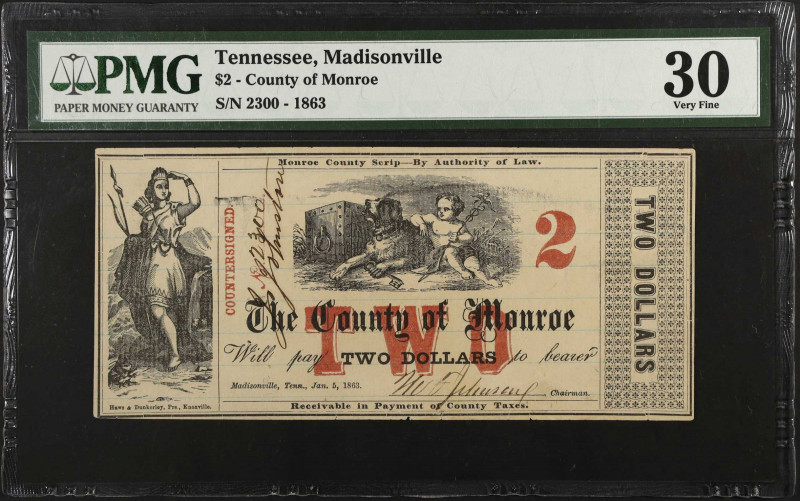 Madisonville, Tennessee. County of Monroe. 1863 $2. PMG Very Fine 30.
No. 2300....