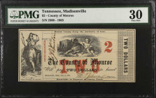 Madisonville, Tennessee. County of Monroe. 1863 $2. PMG Very Fine 30.
No. 2300. Allegorical female at left with cherubs at top center. PMG comments "...