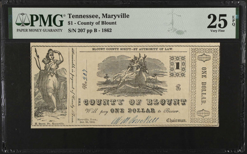 Lot of (2). Maryville, Tennessee. County of Blount. 1862 $1 & $2. PMG Very Fine ...