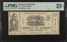 Lot of (2). Maryville, Tennessee. County of Blount. 1862 $1 & $2. PMG Very Fine 25 EPQ & About Uncirculated 50 EPQ.
The $1 is in VF 25Q and the $2 is...