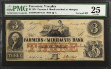 Lot of (3). Memphis, Tennessee. Farmers & Merchants Bank of Memphis. 1854 $3. PMG Choice Fine 15 & Very Fine 25.
PMG comments "Pinholes" on the one C...