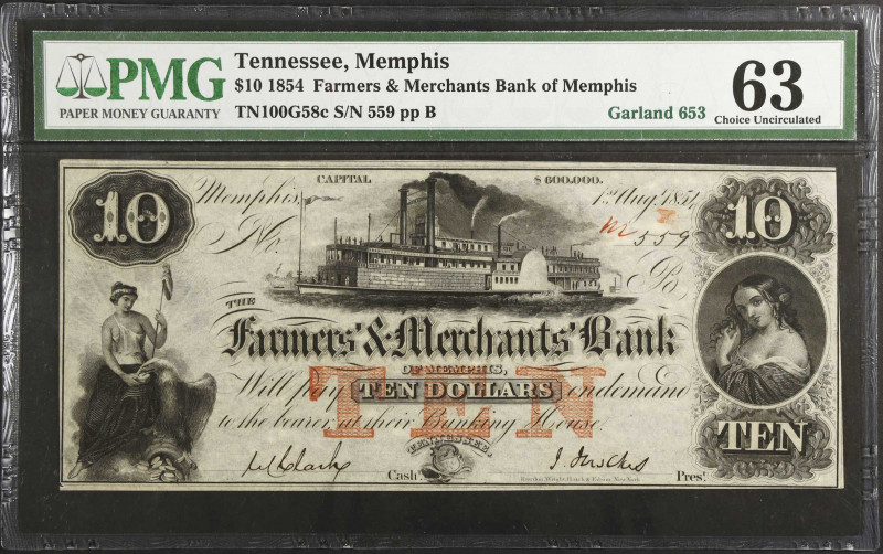 Memphis, Tennessee. Farmers & Merchants Bank of Memphis. 1854 $10. PMG Choice Un...