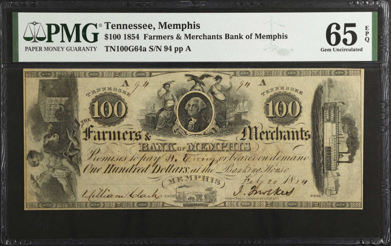Memphis, Tennessee. Farmers & Merchants Bank of Memphis. 1854 $100. PMG Gem Unci...