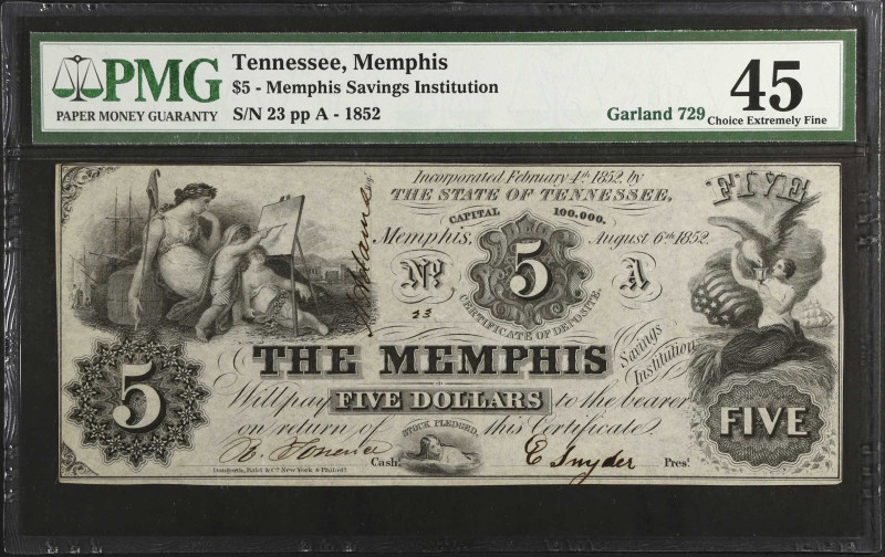 Memphis, Tennessee. Memphis Savings Institution. 1852 $5. PMG Choice Extremely F...