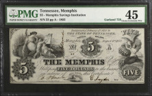 Memphis, Tennessee. Memphis Savings Institution. 1852 $5. PMG Choice Extremely Fine 45.
No. 23, Plate A. PMG comments "Minor Ink Burn."
 Estimate: $...