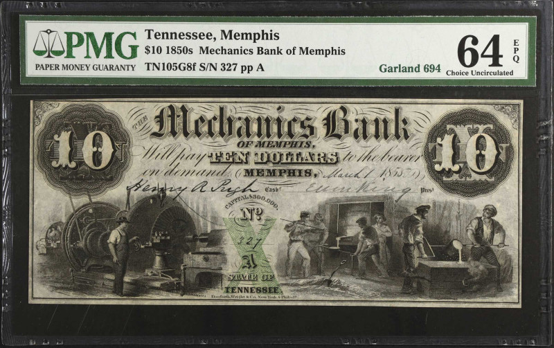 Lot of (2). Memphis, Tennessee. Merchants Bank of Memphis. 1850s $10. PMG Choice...