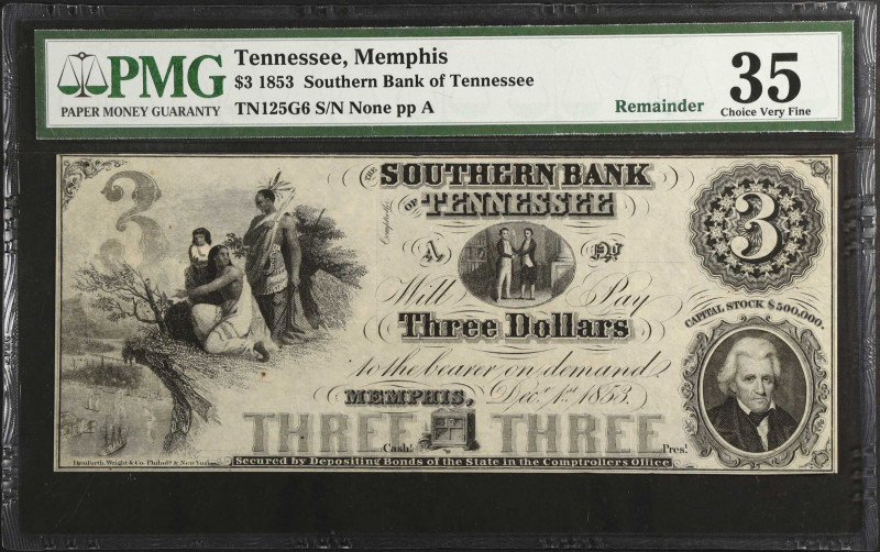Memphis, Tennessee. Southern Bank of Tennessee. 1853 $3. PMG Choice Very Fine 35...