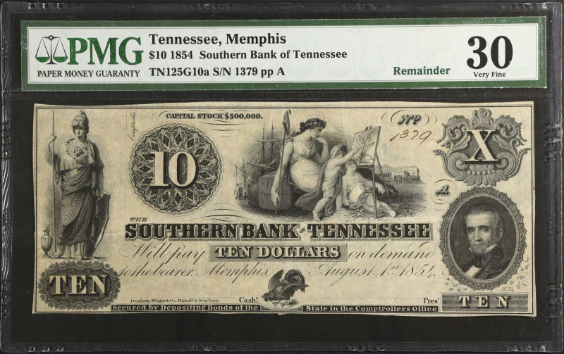 Memphis, Tennessee. Southern Bank of Tennessee. 1854 $10. PMG Very Fine 30. Rema...